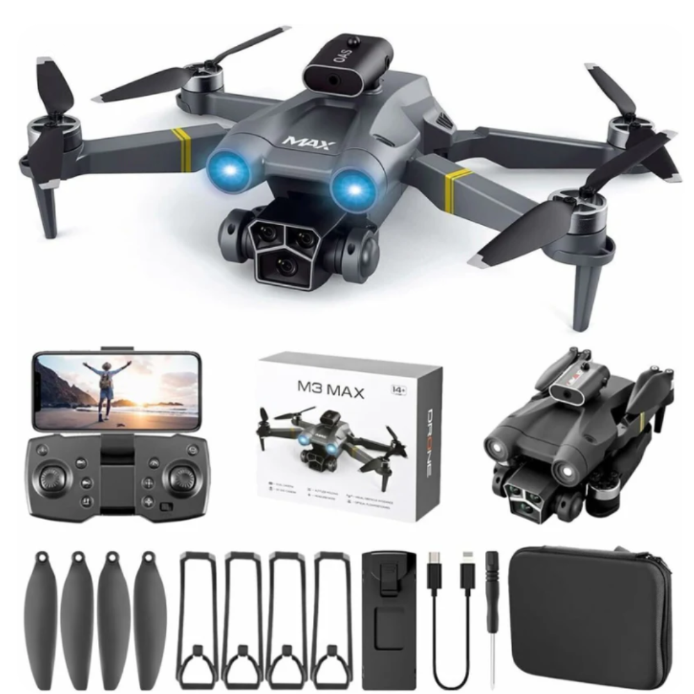 Dron M3 Max Rc Quadcopter, dual cámaras HD 4K, Wifi, Fpv, evitación de obstáculos, Control remoto con baterías y estuche de transporte.