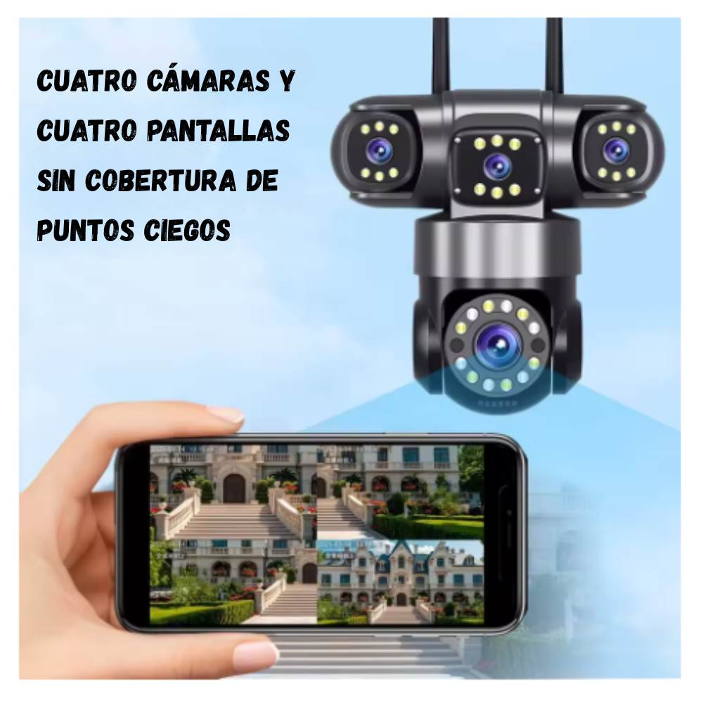 Cámara De Seguridad Wifi Exterior 4 Lentes Vision Nocturna Negro