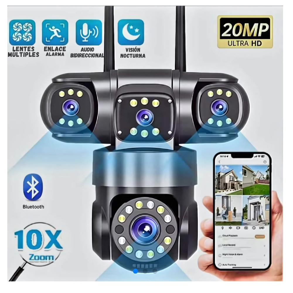 Cámara De Seguridad Wifi Exterior 4 Lentes Vision Nocturna Negro