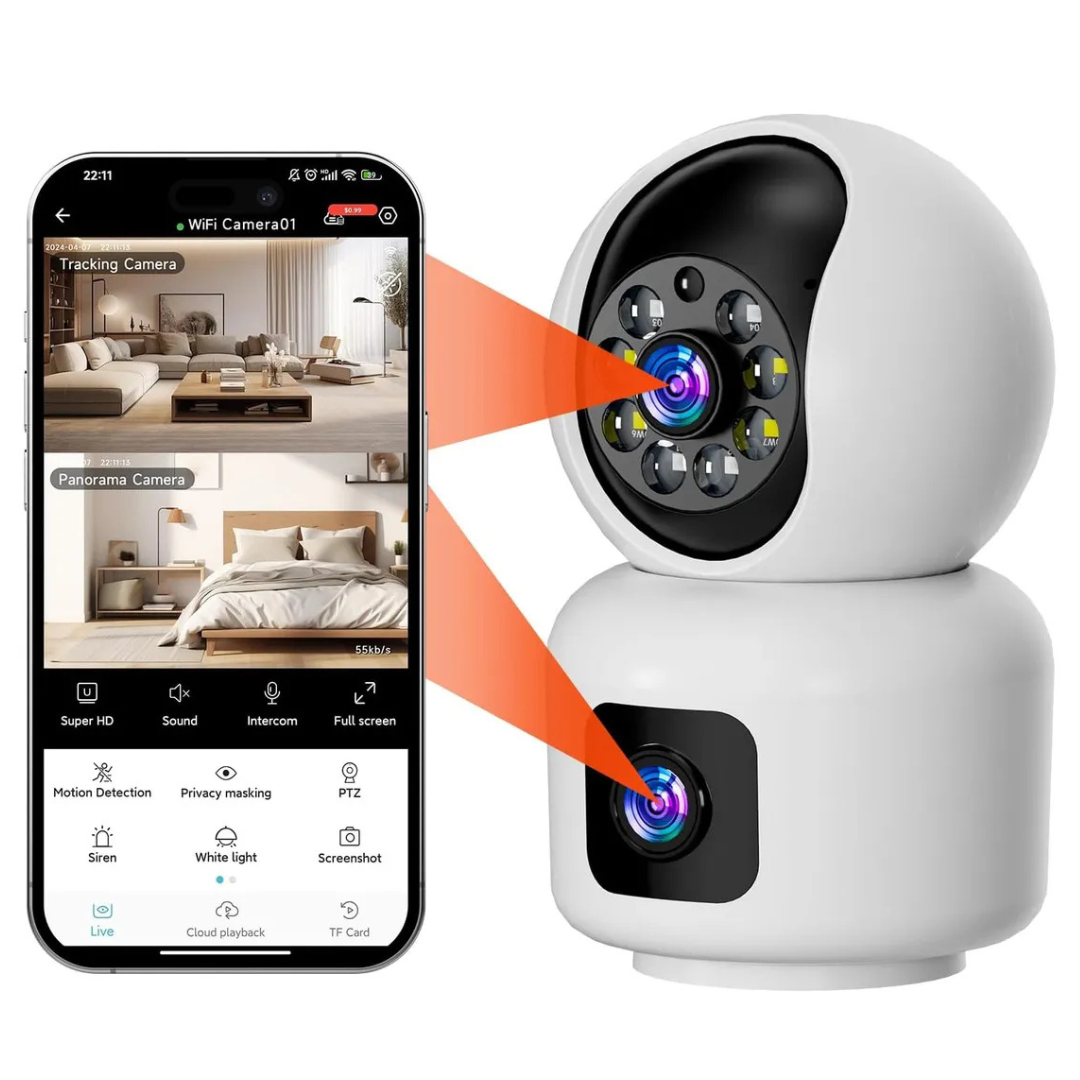 Camara De Seguridad Wifi Ip Doble Lente Robotica App Icsee