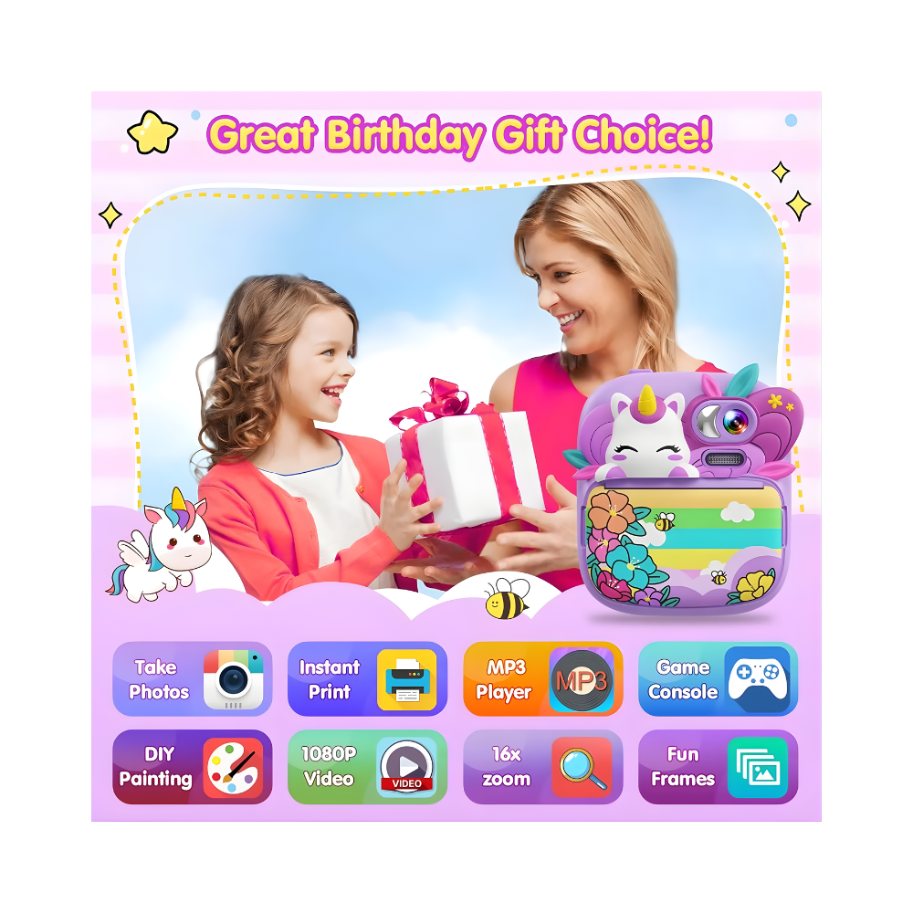 Camara Instantánea Para Niños Impresion Termica Unicornio 1080P