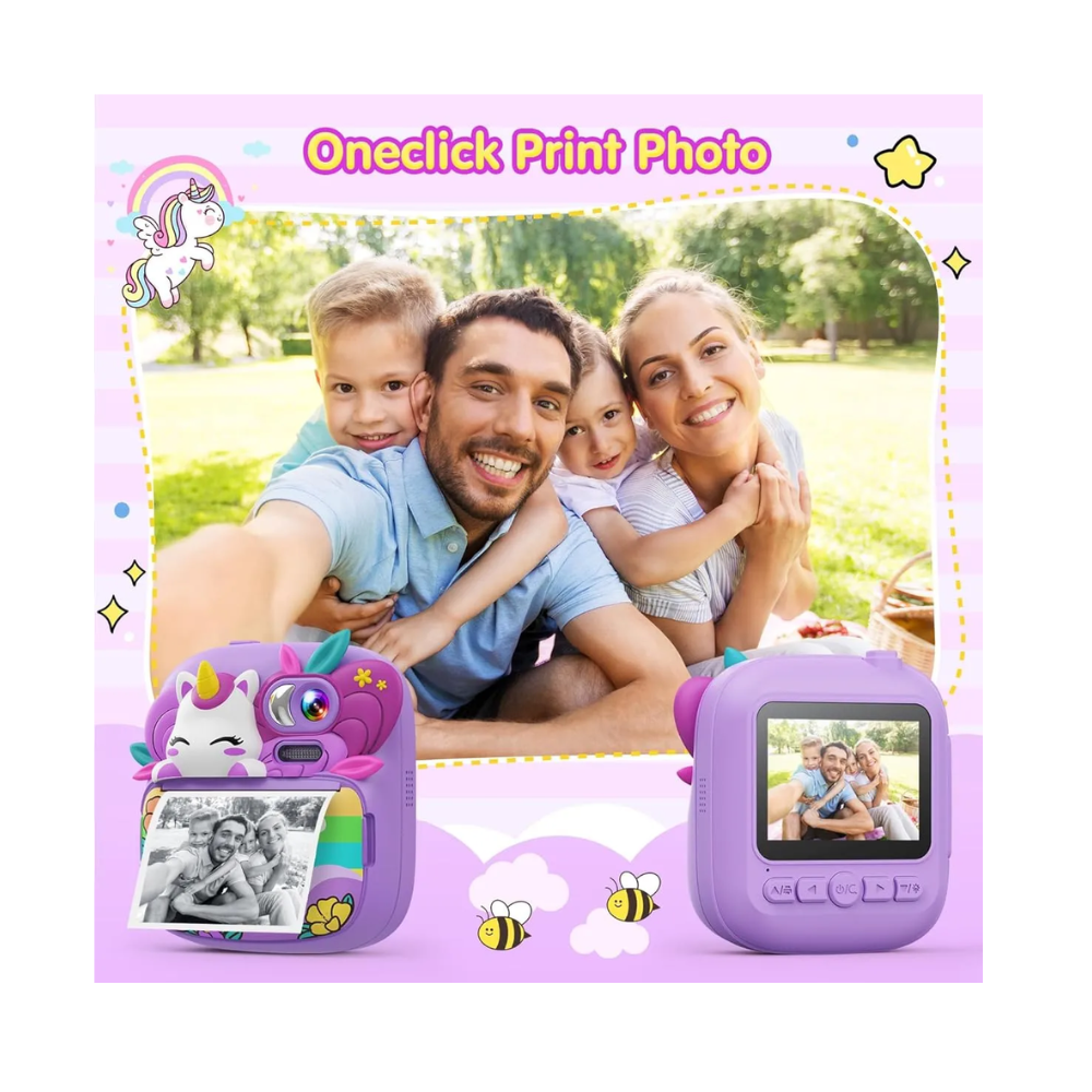 Camara Instantánea Para Niños Impresion Termica Unicornio 1080P