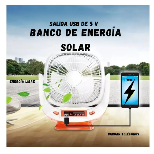 Ventilador Portátil Con Panel Solar Powerbank Radio Usb Bt