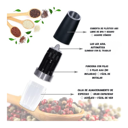 Moledor Triturador X2 Dispensador Eléctrico Especias Luzled