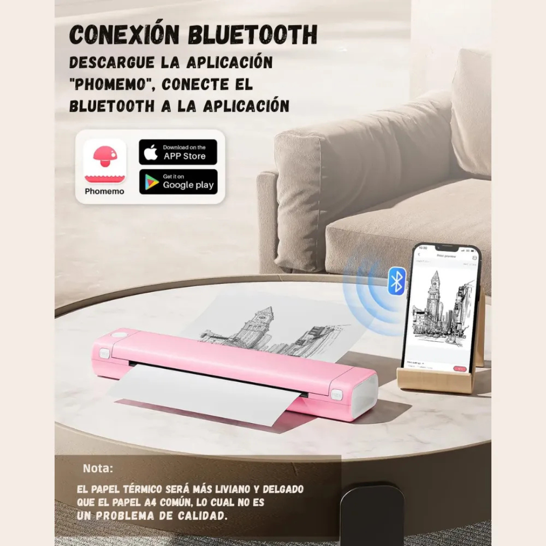 Impresora Portatil Phomemo Bluetooth Termica + Resma Carta