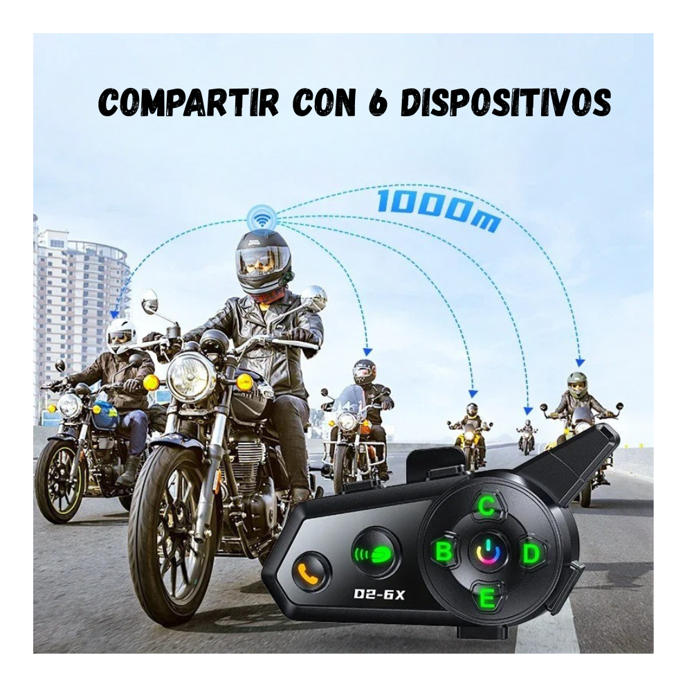 Intercomunicador Bluetooth Grupal 6 Conexiones Música Ip66