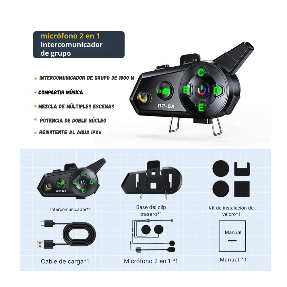 Intercomunicador Bluetooth Grupal 6 Conexiones Música Ip66