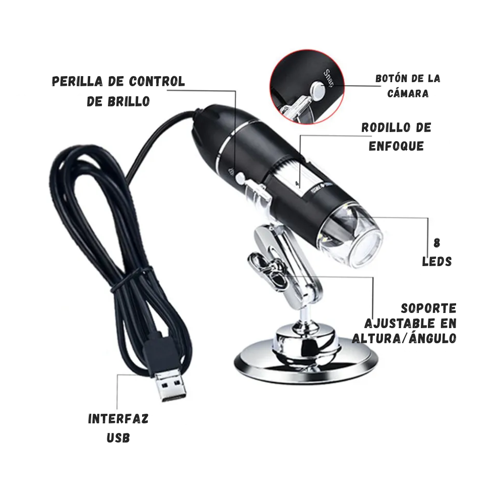 Microscopio Digital Usb Con Aumento 1600x Y Base Ajustable
