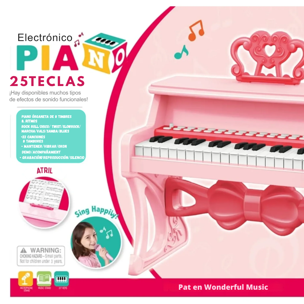 Piano Electrónico Infantil 25 Teclas Diseño Clásico Rosa