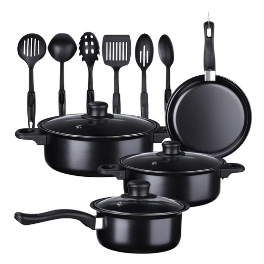 Set De Sartenes Antiadherentes Tapa De Vidrio Y Utensilios