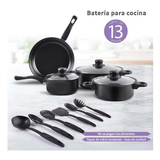 Set De Sartenes Antiadherentes Tapa De Vidrio Y Utensilios