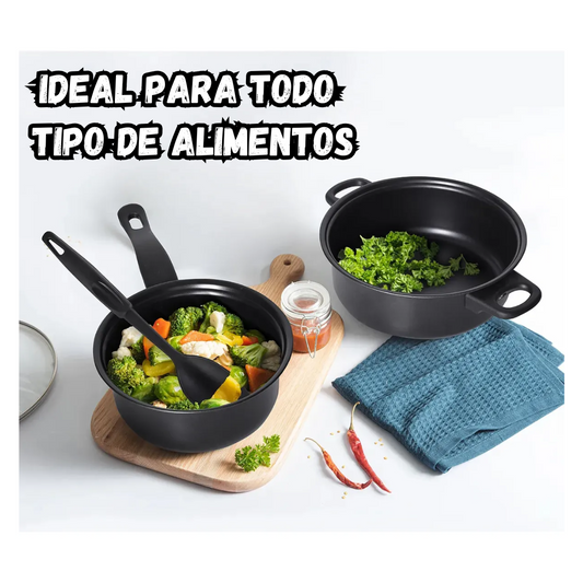 Set De Sartenes Antiadherentes Tapa De Vidrio Y Utensilios
