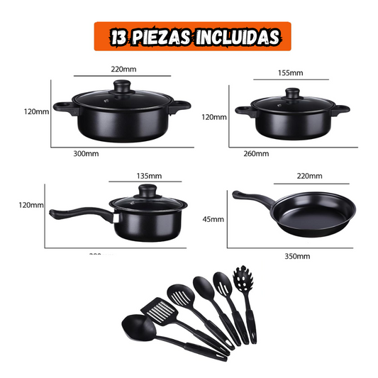Set De Sartenes Antiadherentes Tapa De Vidrio Y Utensilios
